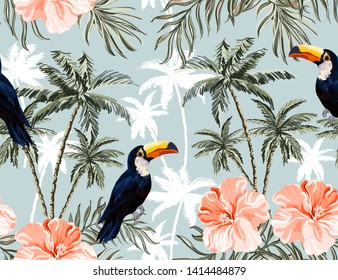 Beautiful tropical vector seamless pattern background with coconut palm trees, toucan, hibiscus. Isolated on blue  background. The Summer beach surfing illustration. 