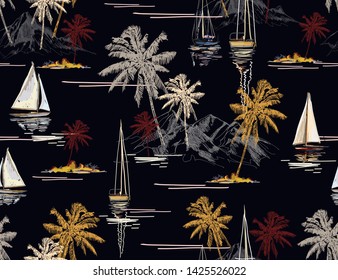 Beautiful tropical vector seamless pattern background with coconut palm trees, sailboat silhouettes, mountaines. Isolated on blue  background. The Summer beach surfing illustration. 