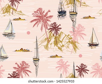 Beautiful tropical vector seamless pattern background with coconut palm trees, sailboat silhouettes, sun, mountaines. Isolated on white background. The Summer beach surfing illustration. 