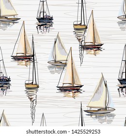 Beautiful tropical vector seamless pattern background with  sailboat silhouettes. Isolated on white background. The Summer beach surfing illustration. 