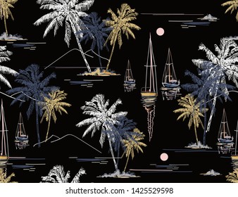 Beautiful tropical vector seamless pattern background with coconut palm trees, sailboat silhouettes, sun, mountaines. Isolated on white background. The Summer beach surfing illustration. 