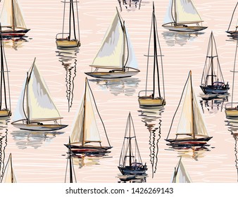 Beautiful tropical vector seamless pattern background with sailboat silhouettes. The Summer beach surfing illustration. 