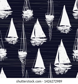 Beautiful tropical vector seamless pattern background with  sailboat silhouettes. Isolated on blue background. The Summer beach surfing illustration. 