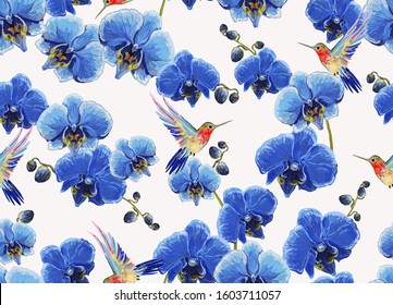 Beautiful tropical vintage blue orchid flower, hummingbird floral seamless pattern background. Exotic jungle wallpaper.
