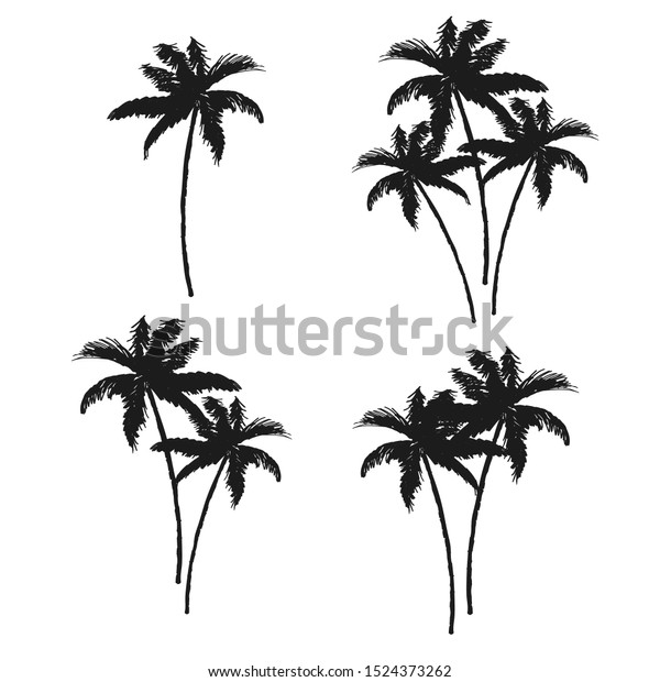 美しい熱帯のビンテージココナツヤシの木が 花のクリップアートをシルエットで表現 エキゾチックな植物プリント のベクター画像素材 ロイヤリティフリー