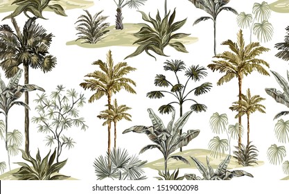 Beautiful tropical vintage hawaiian palm trees. Hand drawn floral seamless pattern on white background. Exotic jungle wallpaper.