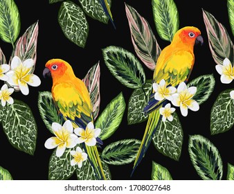 Beautiful tropical vintage hawaiian palm leaves, plumeria flowers, parrot. Hand drawn floral seamless pattern on the blue background. Exotic jungle wallpaper.