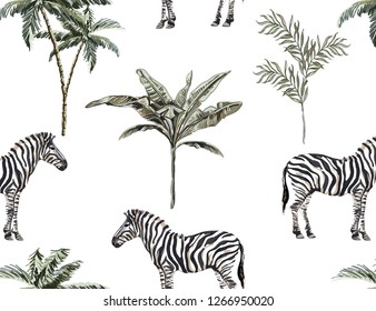 Beautiful tropical vintage illustration background with palm trees, banana trees,  zebra. Isolated on white background. Exotic jungle wallpaper. 