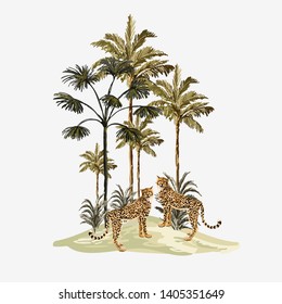 Beautiful tropical vintage illustration background with palm trees, leopard. Isolated on white background. Exotic jungle wallpaper