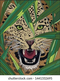 Beautiful tropical vintage illustration background with palm trees, leopard. Isolated on white background. Exotic jungle wallpaper.