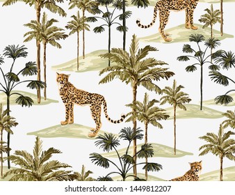 Beautiful tropical vintage illustration background with palm trees, leopard. Isolated on white background. Exotic jungle wallpaper. 