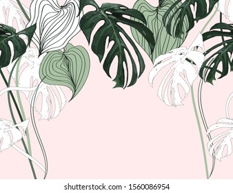 Beautiful tropical vintage palm leaves and cheetah floral seamless border pattern . Exotic jungle wallpaper with monstera leaves, liana
