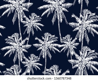  Beautiful tropical vintage palm tree silhouettes. Cheetah floral seamless pattern. Exotic jungle wallpaper. Isolated on blue  background. 