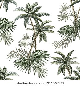  Beautiful tropical vintage palm trees and cheetah floral seamless pattern white background. Exotic jungle wallpaper. Isolated on white background. 