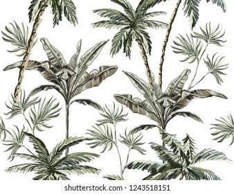  Beautiful tropical vintage palm trees and cheetah floral seamless pattern white background. Exotic jungle wallpaper. Isolated on white background. 