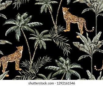 Beautiful tropical vintage palm trees and cheetah floral seamless pattern with leopard. Exotic jungle wallpaper. Isolated on black  background. 