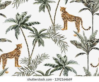 Beautiful tropical vintage palm trees and cheetah floral seamless pattern with leopard on white background. Exotic jungle wallpaper. Isolated on white background. 