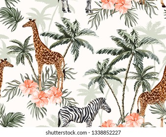  Schöne tropische Vintage-Palmen und Geparden Blumen nahtlos Muster weißer Hintergrund. Exotische Dschungeltapete mit Kokospalmen, Korallenhibiskus, Giraffe, Zebra, Giraffe. Einzeln auf weißem Hintergrund