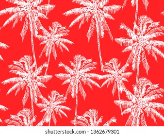  Beautiful tropical vintage palm trees and cheetah floral seamless pattern coral background. Exotic jungle wallpaper. Isolated on coral  background. 