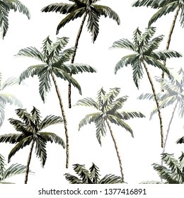 Beautiful tropical vintage palm trees and cheetah floral seamless pattern white background. Exotic jungle wallpaper with coconut palms. Isolated on white background. 