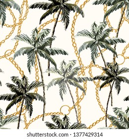 Beautiful tropical vintage palm trees and cheetah floral seamless pattern white background. Exotic jungle wallpaper with coconut palms, chains. Isolated on white background. 