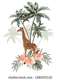 Beautiful tropical vintage palm trees and cheetah floral illustration  pattern with giraffe. Exotic jungle wallpaper. Isolated on white background. 