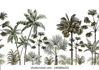  Beautiful tropical vintage palm trees and cheetah floral seamless pattern white background. Exotic jungle wallpaper. Isolated on white background. 