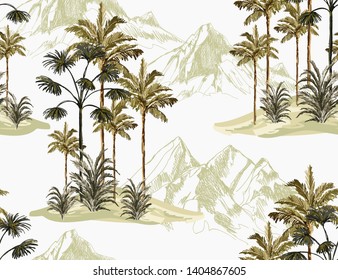  Beautiful tropical vintage palm trees and cheetah floral seamless pattern white background. Exotic jungle wallpaper. Isolated on white background. 