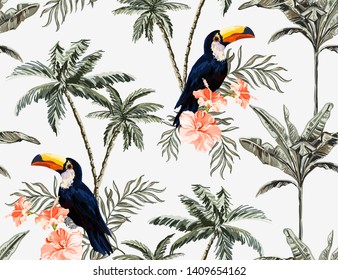 Beautiful tropical vintage palm trees and cheetah floral seamless pattern with hibiscus, toucan. Exotic jungle wallpaper. Isolated on black  background. 