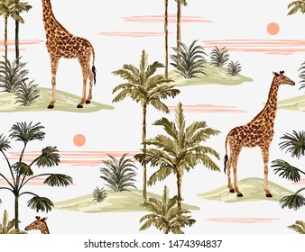 Beautiful tropical vintage palm trees and cheetah floral seamless pattern white background. Exotic jungle wallpaper with coconut palms, giraffe,  giraffe. Isolated on white background