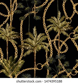 Beautiful tropical vintage palm trees and cheetah floral seamless pattern white background. Exotic jungle wallpaper with coconut palms, chains. Isolated on black  background. 