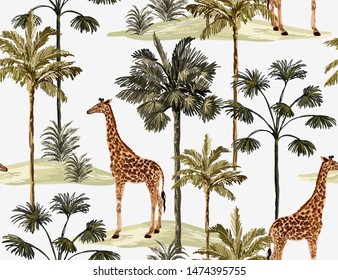 Beautiful tropical vintage palm trees and cheetah floral seamless pattern white background. Exotic jungle wallpaper with coconut palms, giraffe,  giraffe. Isolated on white background