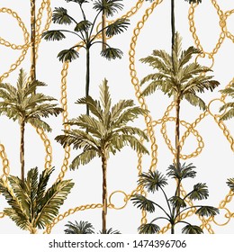 Beautiful tropical vintage palm trees and cheetah floral seamless pattern white background. Exotic jungle wallpaper with coconut palms, chains. Isolated on white background. 