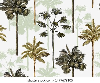Beautiful tropical vintage palm trees and cheetah floral seamless pattern white background. Exotic jungle wallpaper. Isolated on white background. 