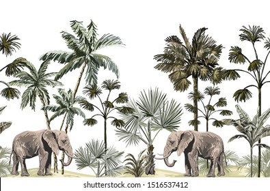  Beautiful tropical vintage palm trees and floral seamless pattern elephant white background. Exotic jungle wallpaper. Isolated on white background. 