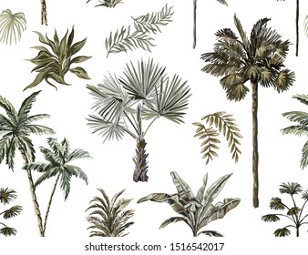 Beautiful tropical vintage palm trees and floral seamless pattern white background. Exotic jungle wallpaper. Isolated on white background. 
