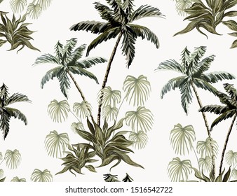 Beautiful tropical vintage palm trees and floral seamless pattern white background. Exotic jungle wallpaper. Isolated on white background. 
