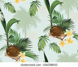 Beautiful tropical vintage palm trees and coconut floral seamless pattern on green background. Exotic jungle wallpaper with coconut palms, plumeria. 