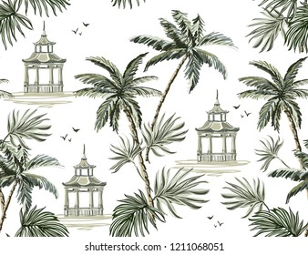 Beautiful tropical vintage seamless pattern with palm trees, pavilion and cheetah floral seamless summer pattern isolated on white  background. Exotic jungle wallpaper. 