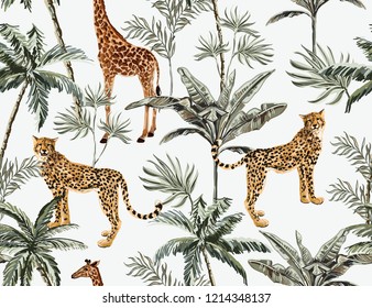 Beautiful tropical vintage seamless pattern with palm trees, leopard, giraffe and cheetah floral seamless summer pattern isolated on white background. Exotic jungle wallpaper. 