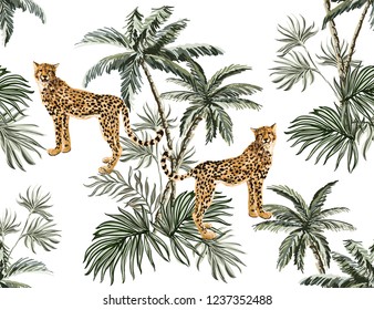 Beautiful tropical vintage seamless pattern  background with palm trees, leopard. Isolated on white background. Exotic jungle wallpaper. Perfect for wallpapers, web page backgrounds, surface textures