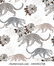 
Beautiful tropical vintage seamless pattern with peonies, leopard pattern. Isolated on white background. Exotic Wallpaper. Ideal for wallpapers, web pages backgrounds, surface textures, fabric design