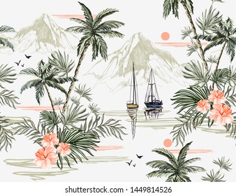 Beautiful tropical vintage seamless pattern with palm trees, asian pavilions, hibiscus, mountains  and cheetah floral seamless summer pattern isolated on white background. Exotic jungle wallpaper. 