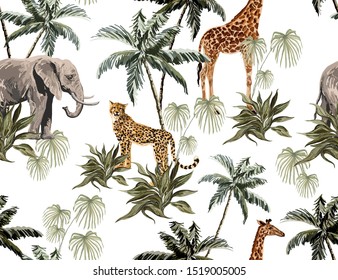 Beautiful tropical vintage seamless pattern background with palm trees, leopard, elephant, giraffe. Isolated on white background. Exotic jungle wallpaper. 
