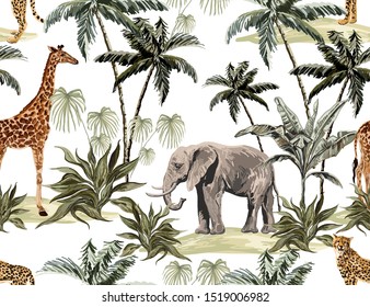 Beautiful tropical vintage seamless pattern background with palm trees, leopard, elephant, giraffe. Isolated on white background. Exotic jungle wallpaper. 
