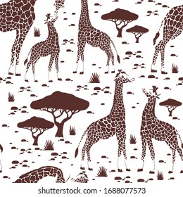 Beautiful tropical vintage seamless pattern with giraffe isolated on white background. Exotic jungle wallpaper. 