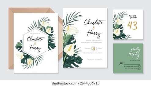 Beautiful tropical wedding invitation with watercolor calla lily, monstera and palm leaves
