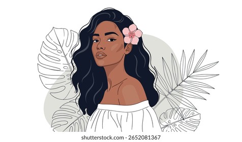 Beautiful tropical woman with flower in her hair enjoying a sunny day