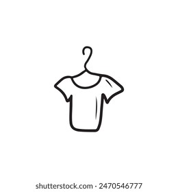 Beautiful t-shirt on the hanger in shopwindow in black isolated on white background. Hand drawn vector sketch illustration in doodle engraved line art vintage style. Fashion, style, shopping