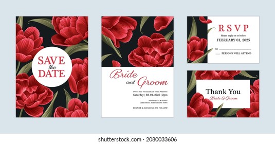 Schöne Tulip-floraler Hintergrund-Vorlage. Vektorset mit Blumenelementen für Hochzeitseinladungen, Grußkarte, Umschlag, Gutschein, Broschüren und Banner-Design.